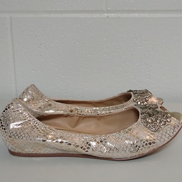 ARTURO CHANG GOLD & CREAM LEATHER SNAKE BALLET FLATS WITH RHINSTONES - Picture 10 of 14